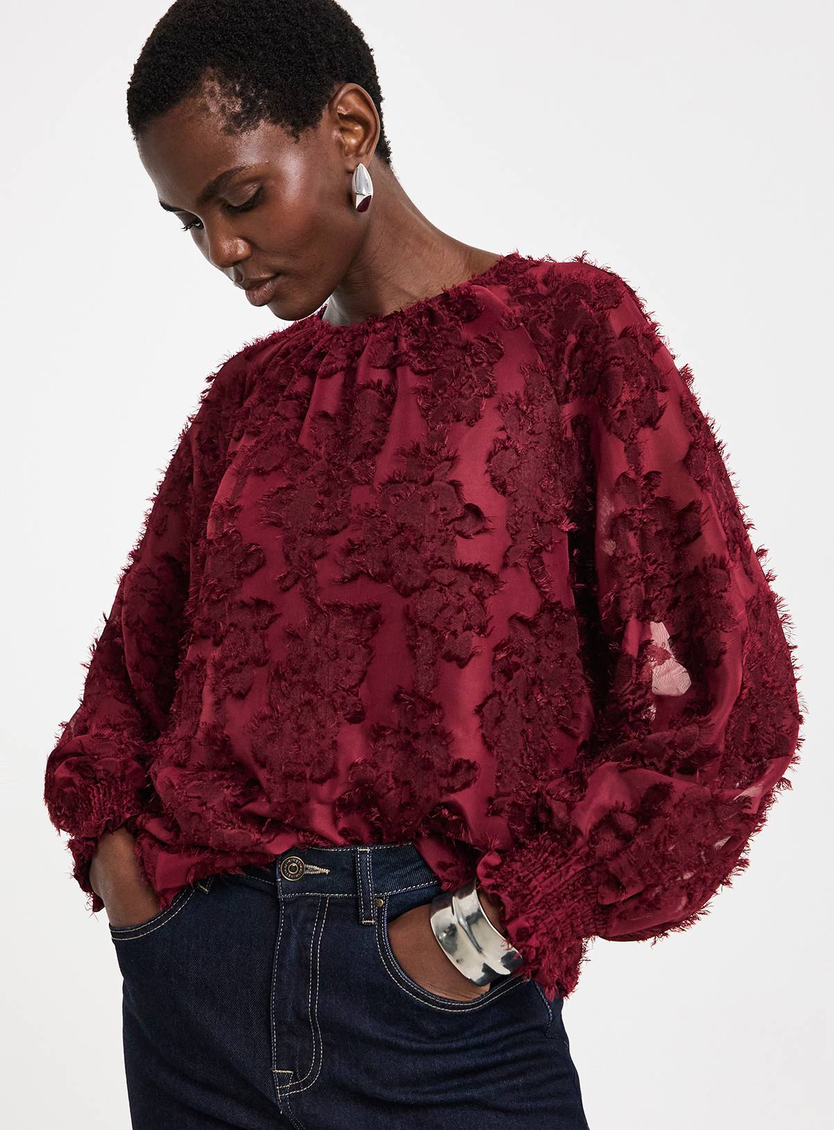 JD WILLIAMS Burgundy Textured Raglan Blouse 16 - Image 1